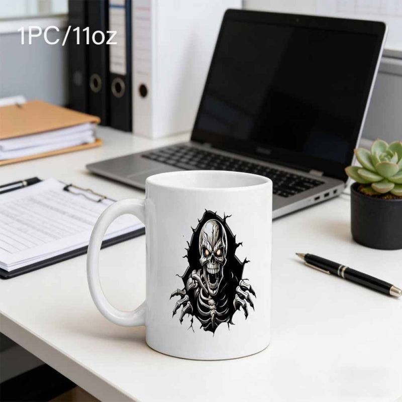 Tailorly White Ceramic 11 oz Mug - Gothic Grim Reaper Tearing Through A Dark Ripped Surface Skeleton