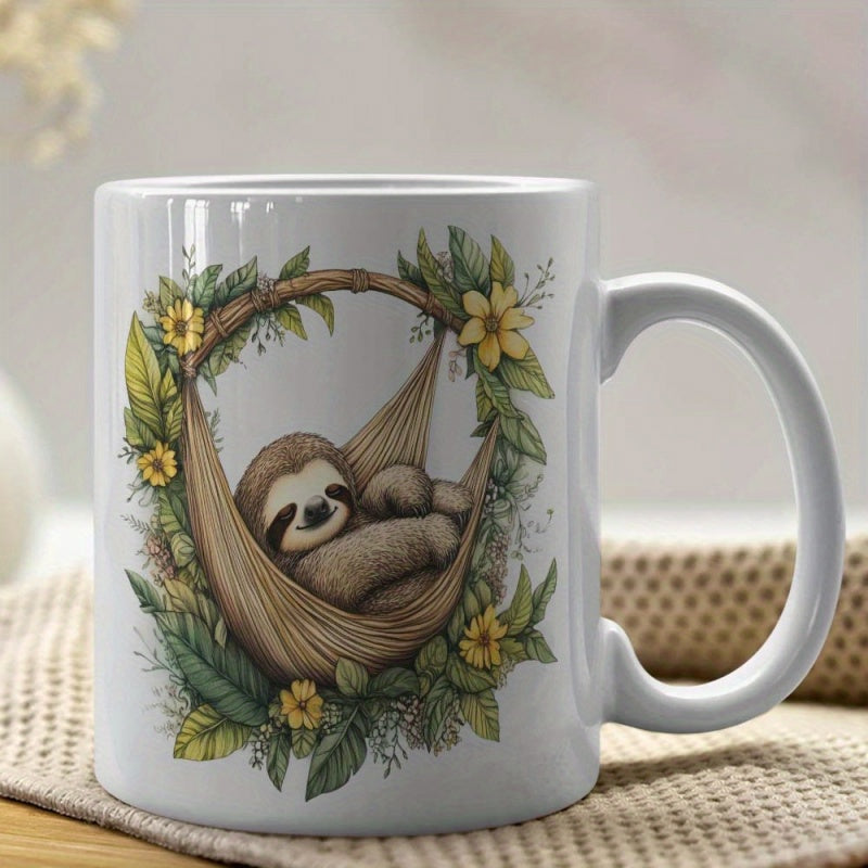 Tailorly White Ceramic 11 oz Mug - Resting Peacefully In A Hammock Surrounded By Yellow Floral Leaves Sloth