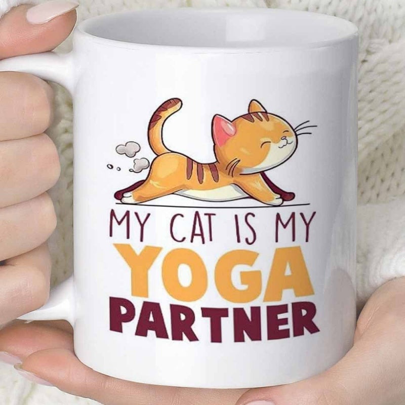 Tailorly White Ceramic 11 oz Mug - My Cat Is My Yoga Partner Playful Ginger Tabby Stretching Peacefully Amidst Small Farting Clouds Cat