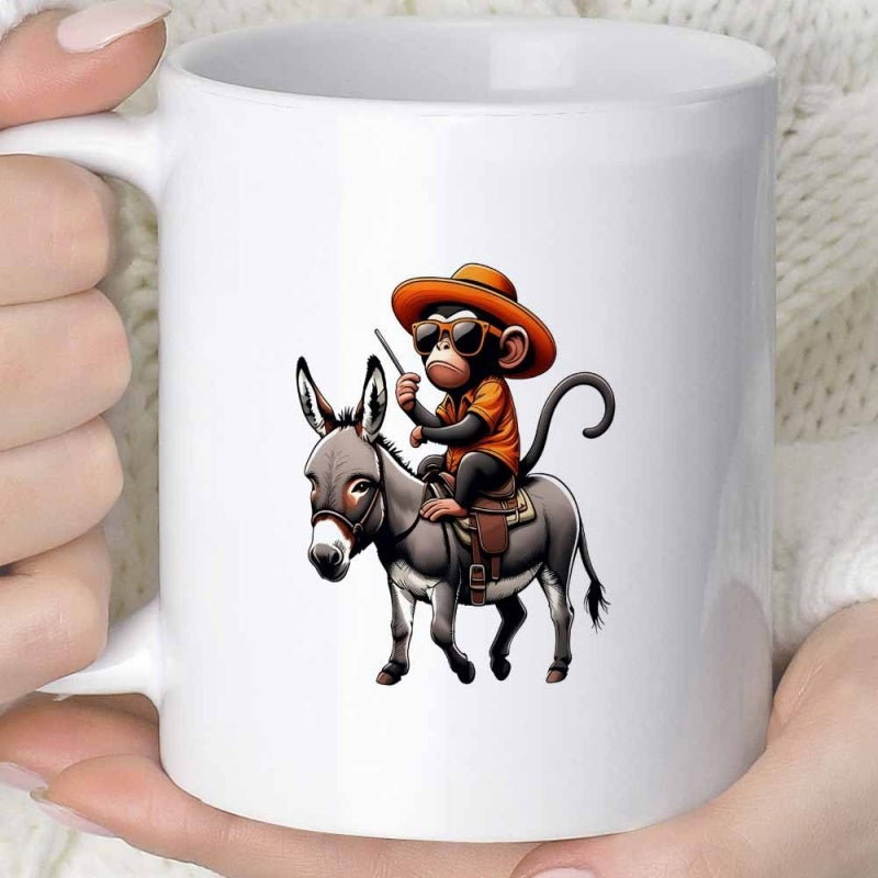 Tailorly White Ceramic 11 oz Mug - Funny Cartoon Monkey Wearing Orange Hat And Sunglasses Riding A Small Donkey