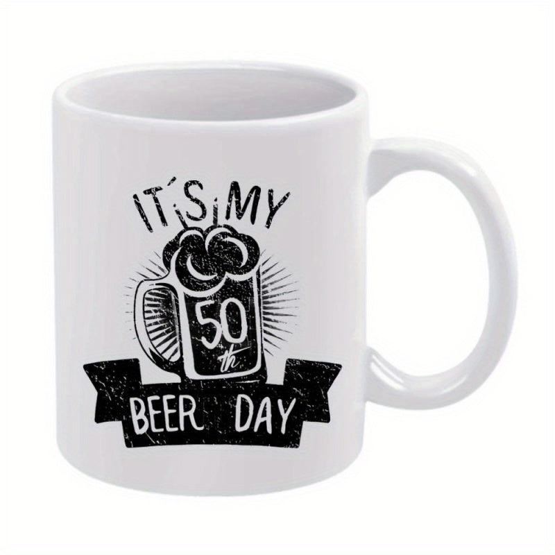 Tailorly White Ceramic 11 oz Mug - Its My 50 Beer Day Vintage Ink Illustration With Ribbon Banner And Bubbling Overflowing Mug
