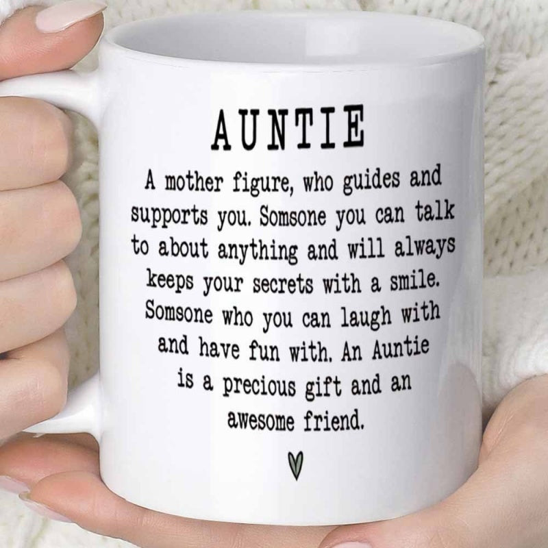 Tailorly White Ceramic 11 oz Mug - Auntie Minimalist Heart Symbol Centered Below Clean Typewriter Style Script Gift
