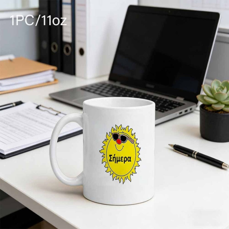 Tailorly White Ceramic 11 oz Mug - Glowing Yellow Sun Character Wearing Dark Sunglasses With Red Nose Sun