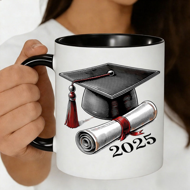 Tailorly Black Accent 11 oz Mug - graduation cap and scroll with "2025" text