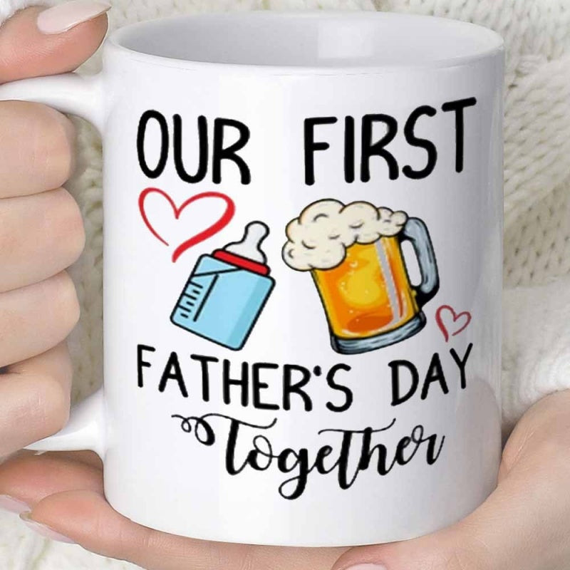 Tailorly White Ceramic 11 oz Mug - Our First Father S Day Together Cartoon Style Baby Bottle And Frothy Beer Mug With Red Hearts Mug