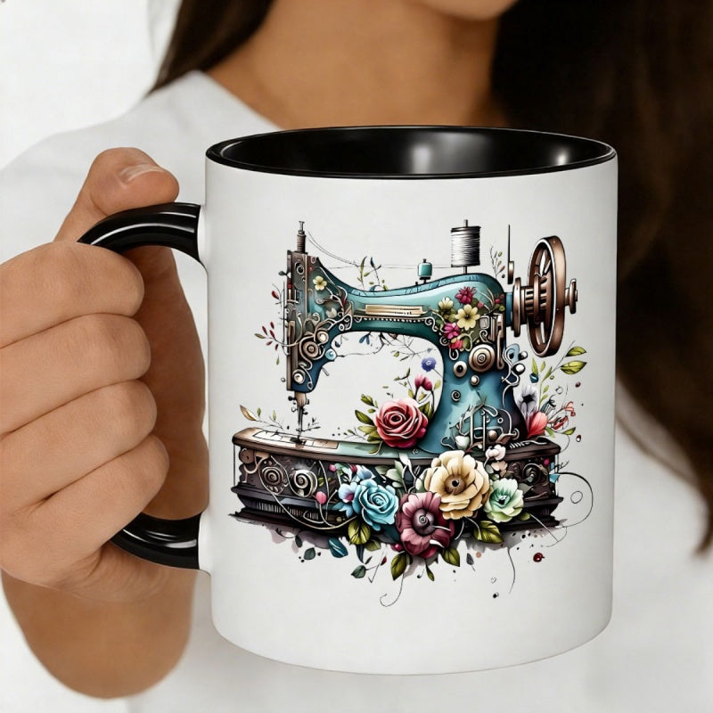 Tailorly Black Accent 11 oz Mug - artistic retro sewing machine with vibrant flowers