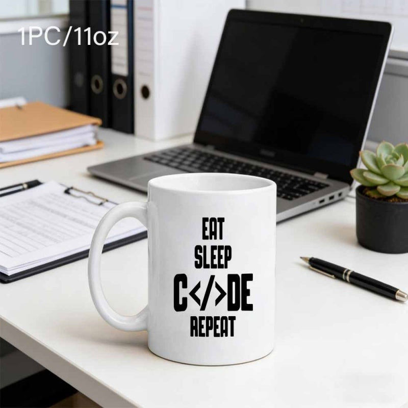Tailorly White Ceramic 11 oz Mug - Eat Sleep Code Repeat Minimalist White Ceramic Vessel Featuring Bold Black Typography Design Mug