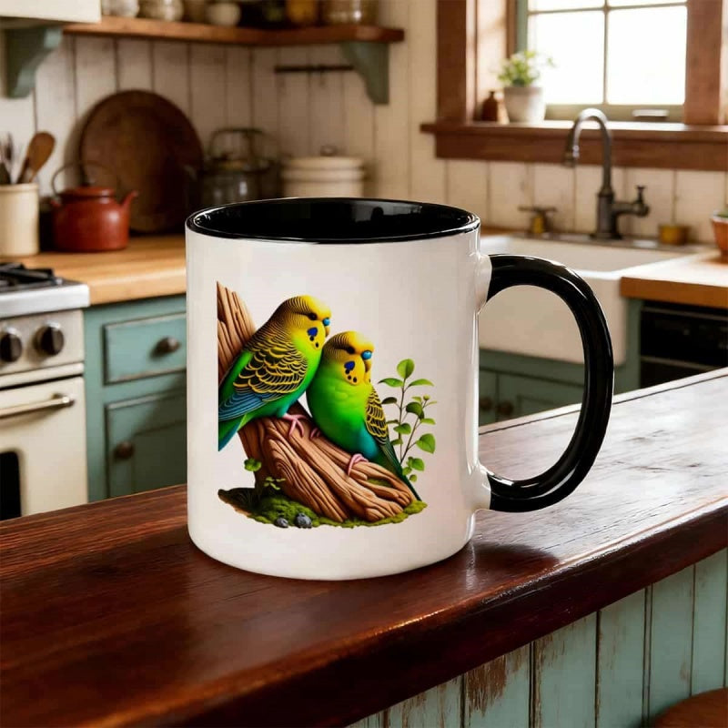 Tailorly Black Accent 11 oz Mug - colorful budgie