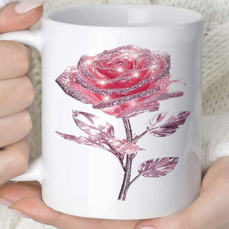 Tailorly White Ceramic 11 oz Mug - Shimmering Pink Glitter Petals With Metallic Leaves In Elegant Style Rose