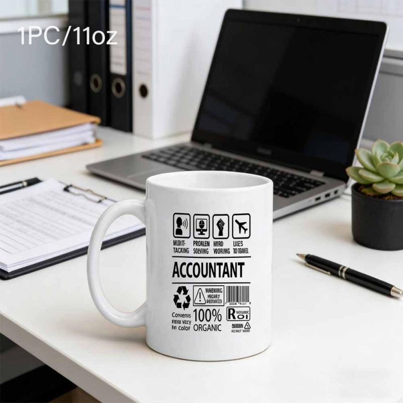 Tailorly White Ceramic 11 oz Mug - Accountant Warning Label 100% Organic Professional Infographic Icons With Symbols On Ceramic Mug