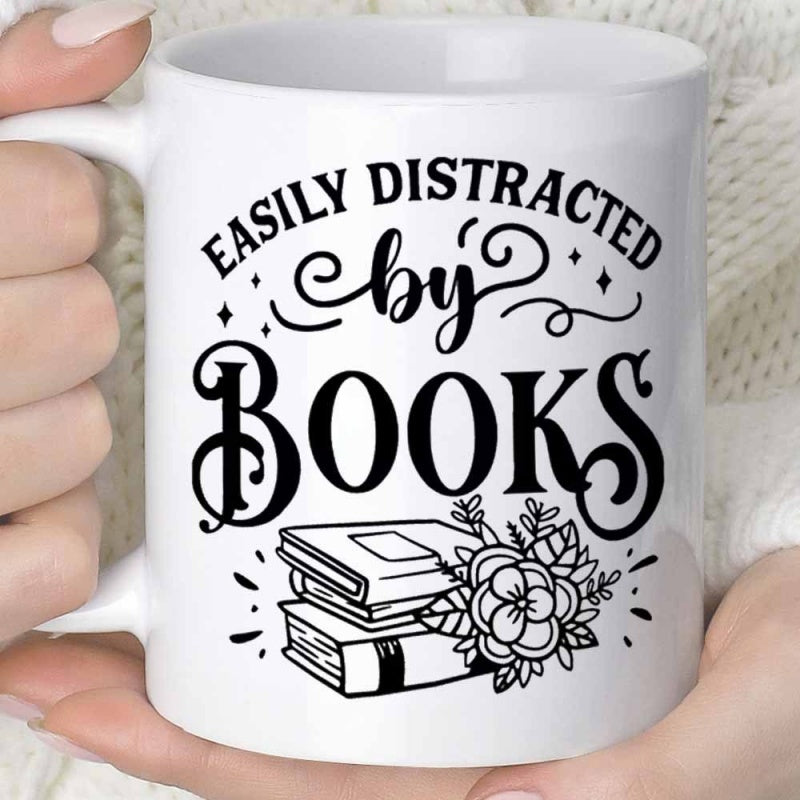 Tailorly White Ceramic 11 oz Mug - Easily Distracted By Books Artistic Stacked Literature With Delicate Hand Drawn Floral Accents Books