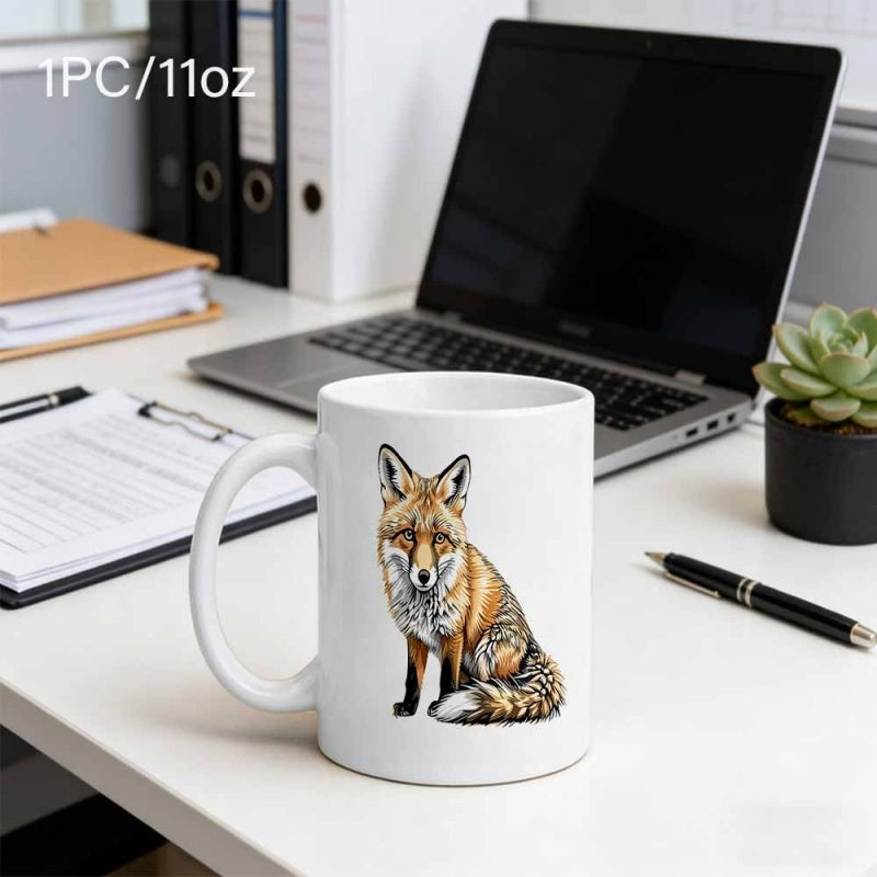 Tailorly White Ceramic 11 oz Mug - Sitting Wild Red Animal With Detailed Fur Texture And Bushy Tail Fox