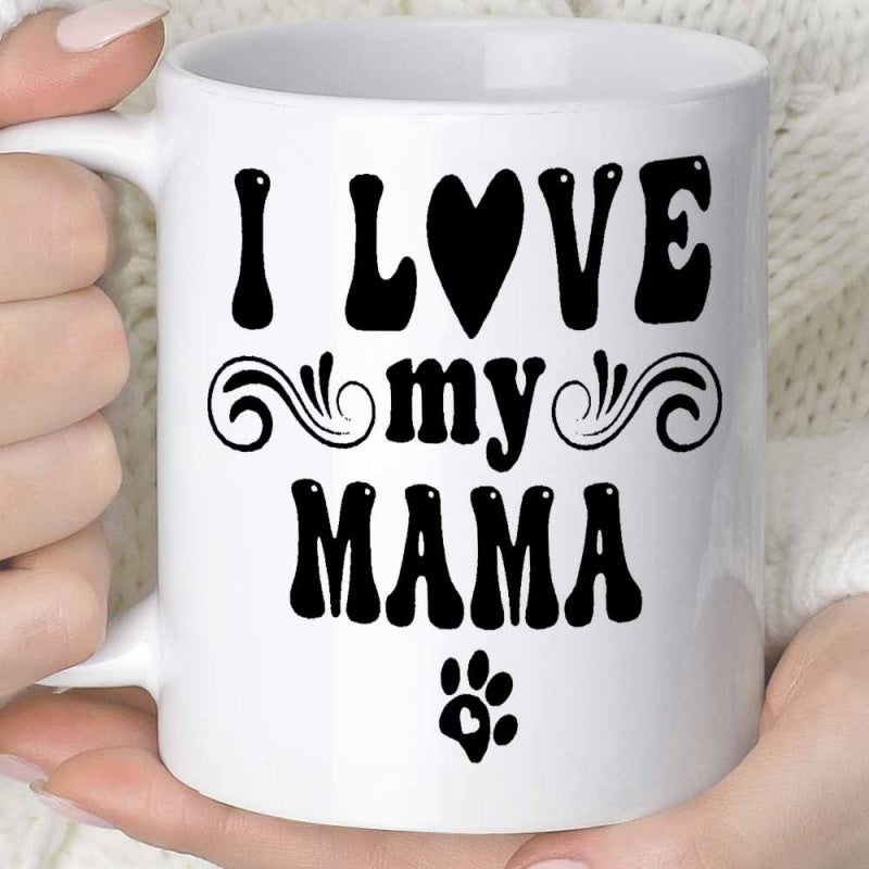 Tailorly White Ceramic 11 oz Mug - I Love My Mama Retro Groovy Text With Heart And Decorative Swirls Paw