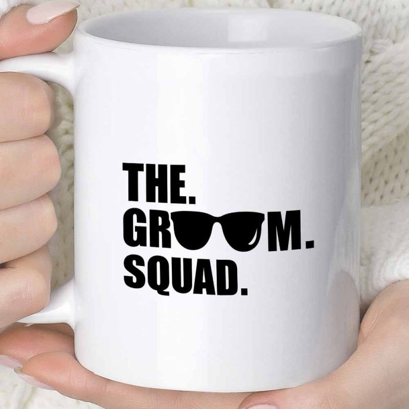 Tailorly White Ceramic 11 oz Mug - The Groom Squad Black Minimalist Sunglasses Surrounded By Bold Professional Decorative Typography Mug