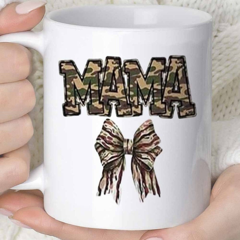 Tailorly White Ceramic 11 oz Mug - Mama Camo Patterned Letters Above A Rustic Camouflage Ribbon Styled Fabric Bow