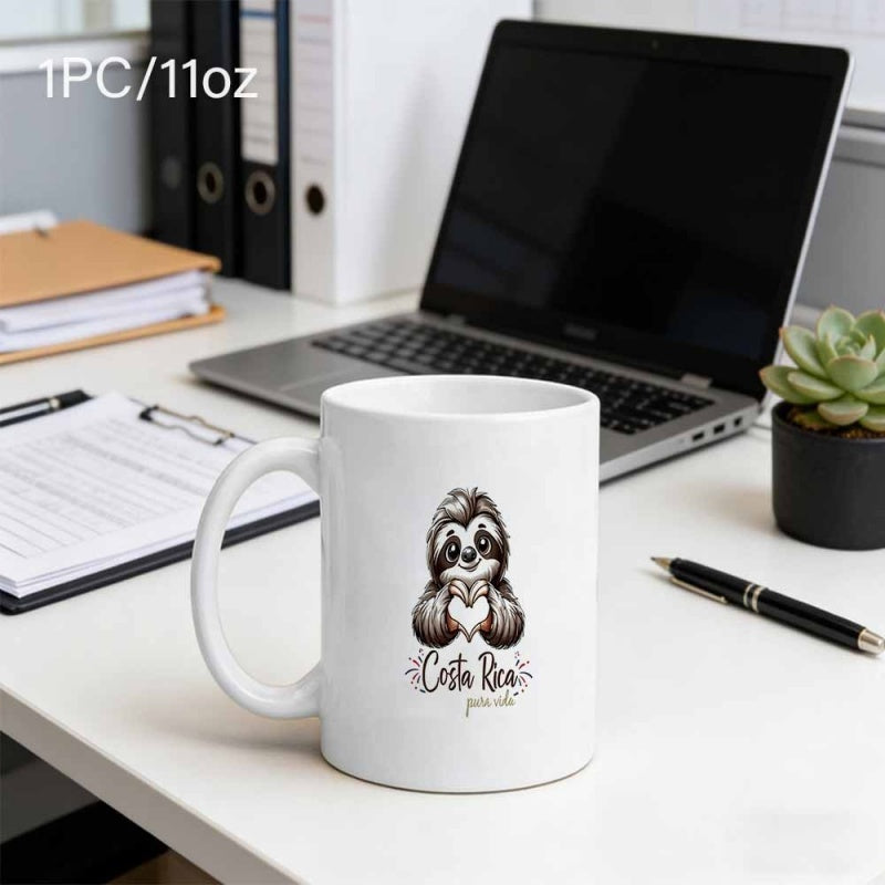 Tailorly White Ceramic 11 oz Mug - Costa Rica Pura Vida Adorable Brown Sloth Making Heart Shape Gesture In Gentle Artistic Illustration Sloth