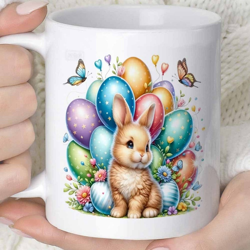 Tailorly White Ceramic 11 oz Mug - Adorable Fluffy Creature Sitting Among Colorful Decorated Easter Eggs And Flowers Rabbit