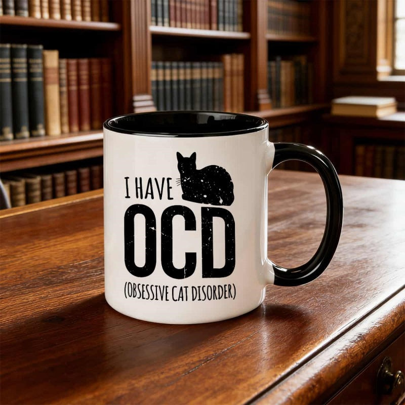 Tailorly Black Accent 11 oz Mug - i have ocd cat funny cat lover text and cat illustration