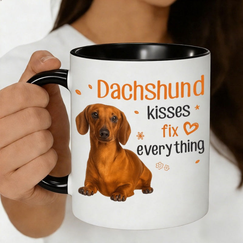 Tailorly Black Accent 11 oz Mug - dachshund with heart and floral details