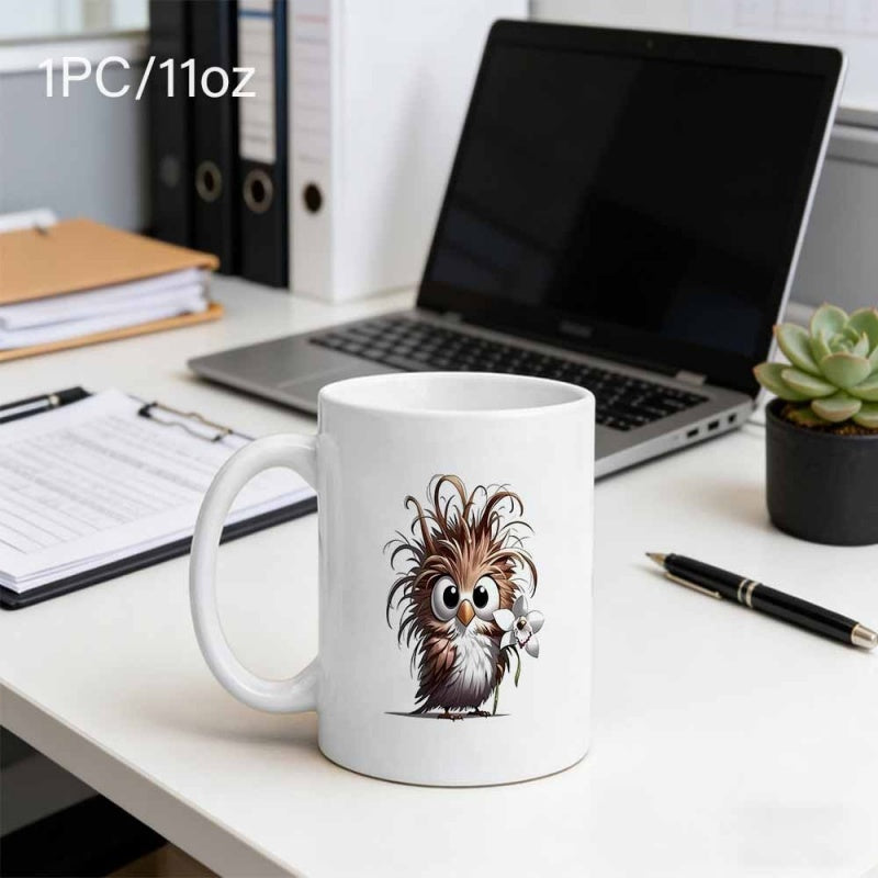 Tailorly White Ceramic 11 oz Mug - Whimsical Fluffy Messy Haired Little Bird With Big Round Eyes Owl