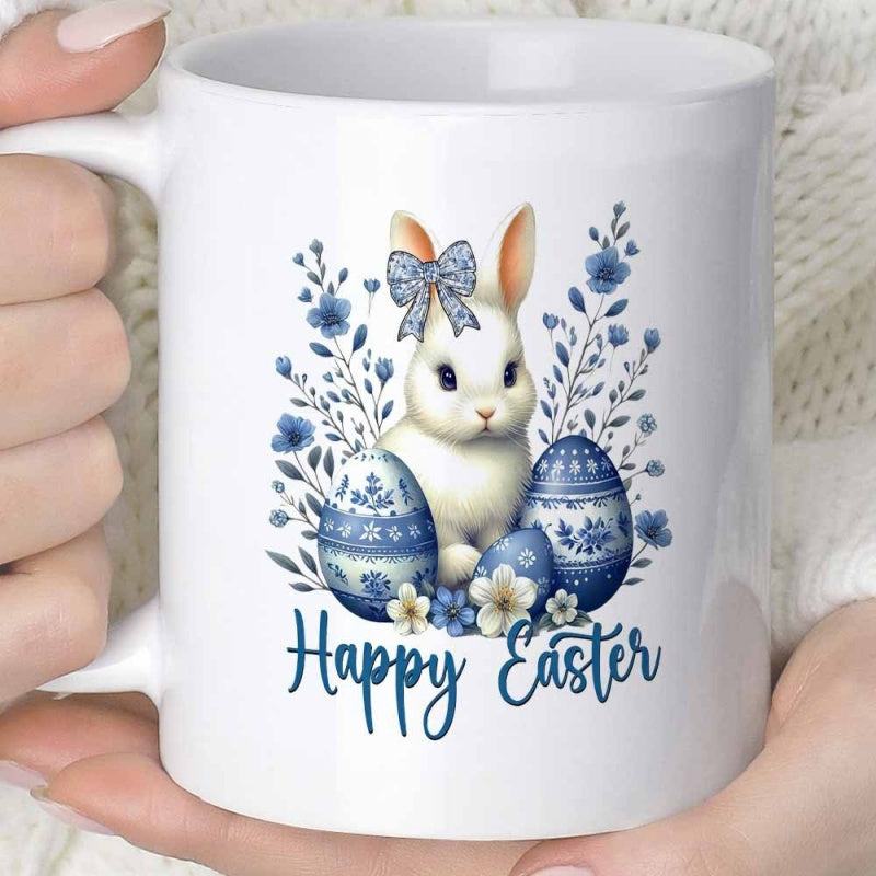 Tailorly White Ceramic 11 oz Mug - Happy Easter Adorable White Bunny Surrounded By Blue Floral Branches And Decorative Eggs Rabbit
