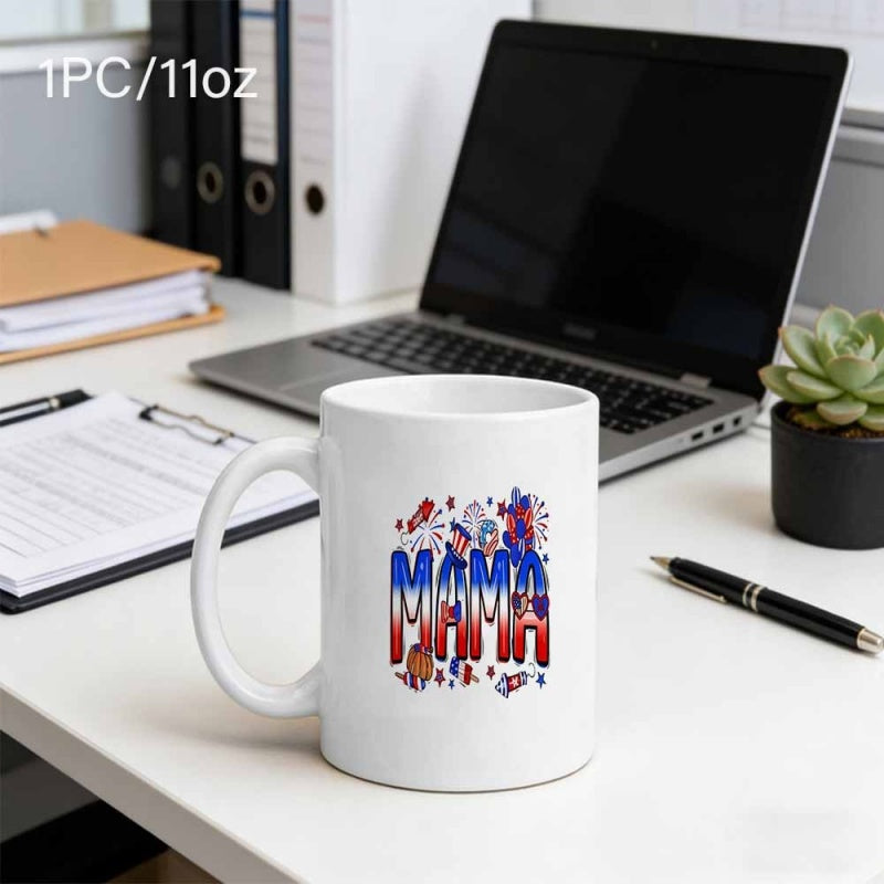 Tailorly White Ceramic 11 oz Mug - Mama Patriotic Icons With Red White And Blue Gradient For Mother Mug