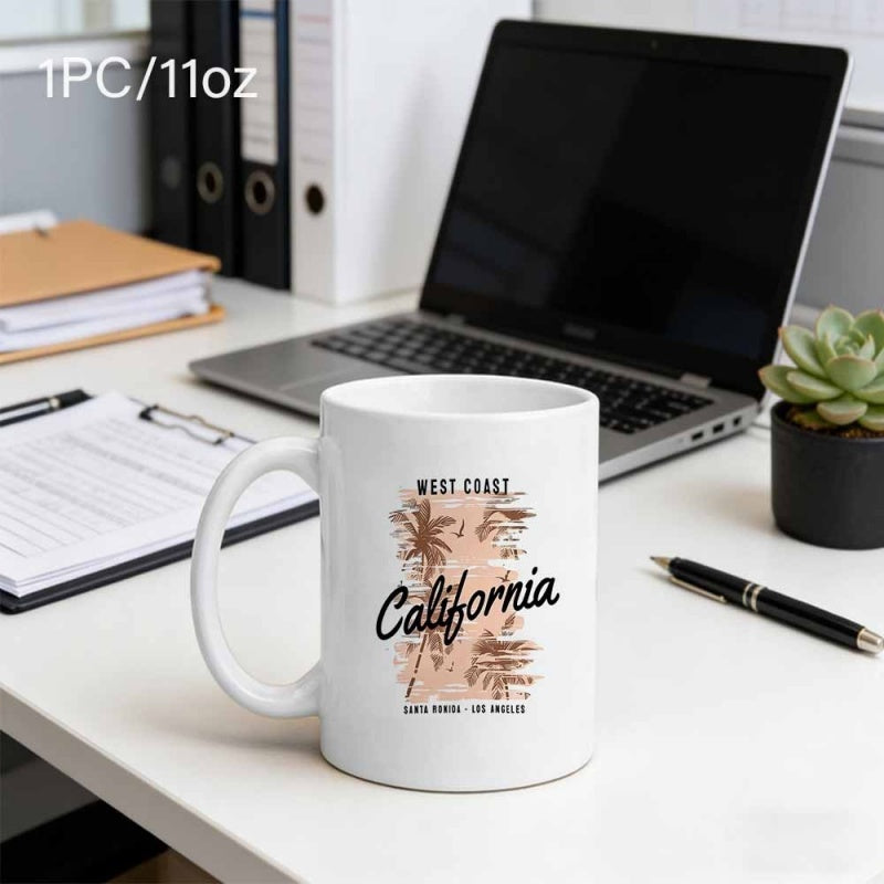 Tailorly White Ceramic 11 oz Mug - West Coast California Santa Monica Los Angeles Vintage Tropical Scene With Swaying Palms And Retro Coastal Palm