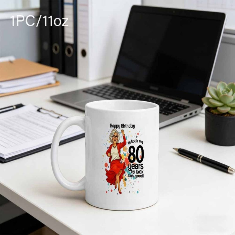 Tailorly White Ceramic 11 oz Mug - Happy Birthday 80 Years To Look This Good Stylish Elderly Lady Dancing In Red Outfit With Colorful Confetti Dots Woman