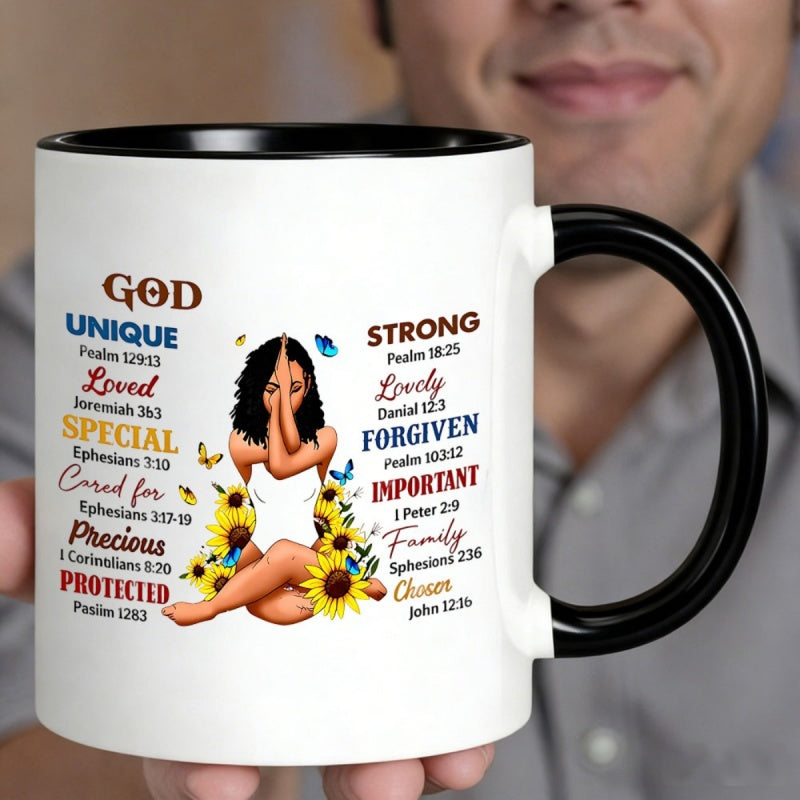 Tailorly Black Accent 11 oz Mug - bible verses and sunflower design