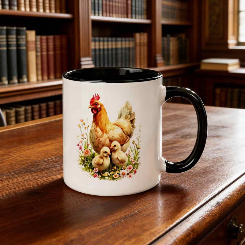 Tailorly Black Accent 11 oz Mug - chickens and chicks design