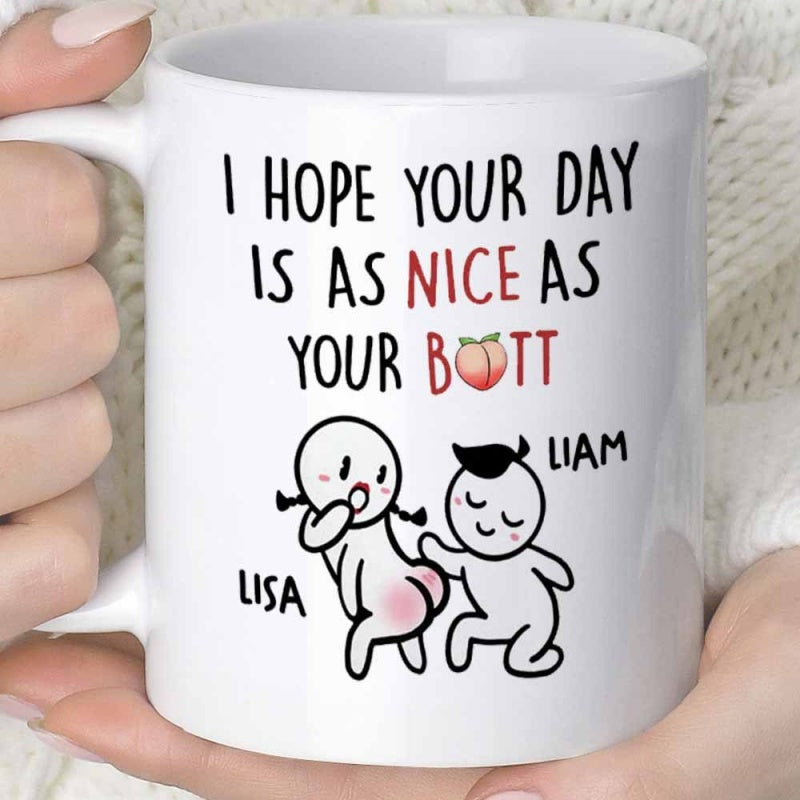 Tailorly White Ceramic 11 oz Mug - I Hope Your Day Is As Nice As Your Butt Lisa Liam Playful Minimalist Stick Figure Couple Characters With Peach Illustration