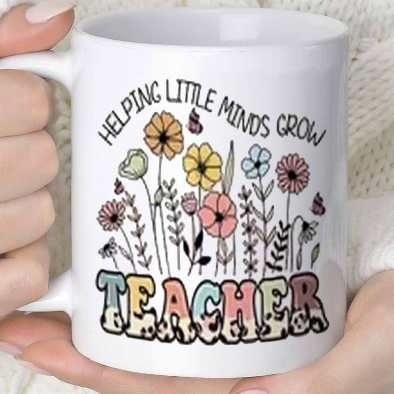 Tailorly White Ceramic 11 oz Mug - Helping Little Minds Grow Teacher Hand Drawn Colorful Flowers Blooming With Butterflies In A Garden Flower