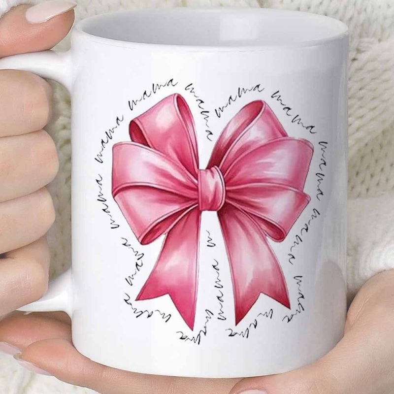 Tailorly White Ceramic 11 oz Mug - Mama Elegant Pink Satin Ribbon Gracefully Tied Into A Beautiful Heart Shaped Arrangement Bow
