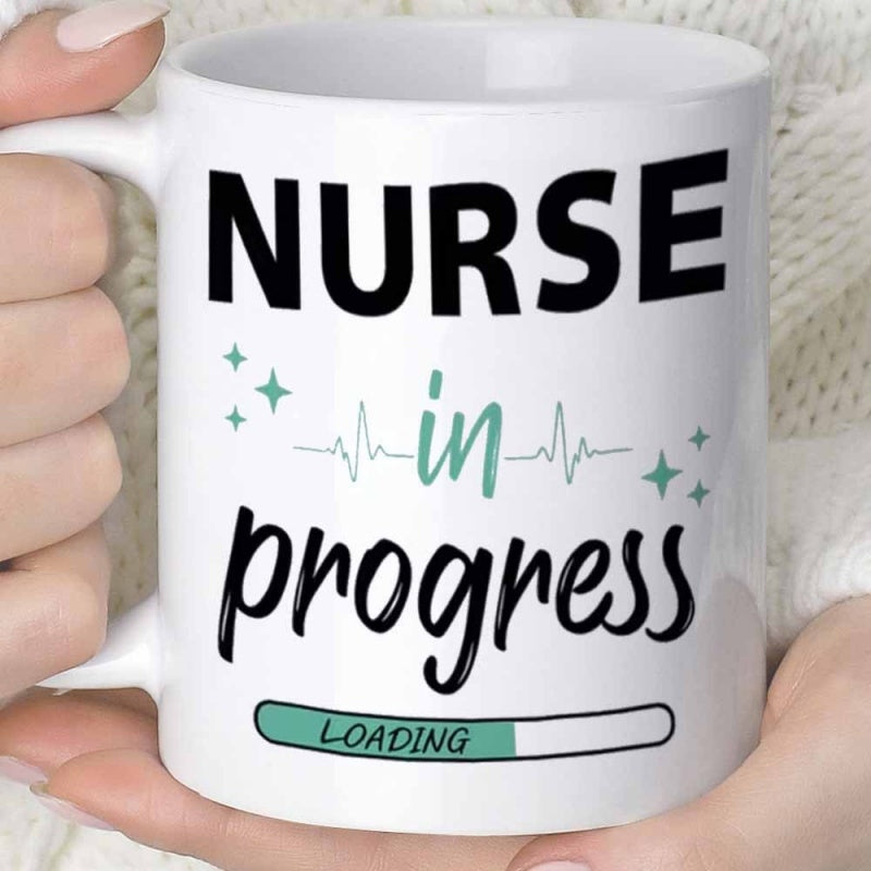 Tailorly White Ceramic 11 oz Mug - Nurse In Progress Loading Green Heartbeat Pulse Line With Sparkles And Loading Progress Bar Mug