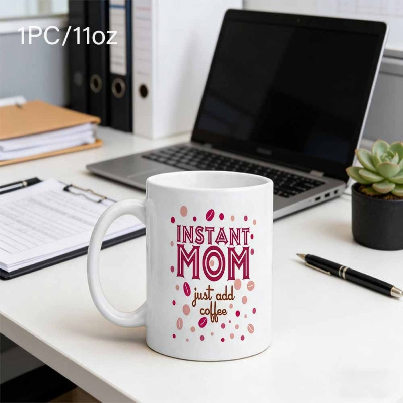 Tailorly White Ceramic 11 oz Mug - Instant Mom Just Add Coffee Stylized Text Surrounded By Maroon And Pink Coffee Bean Patterns Mug