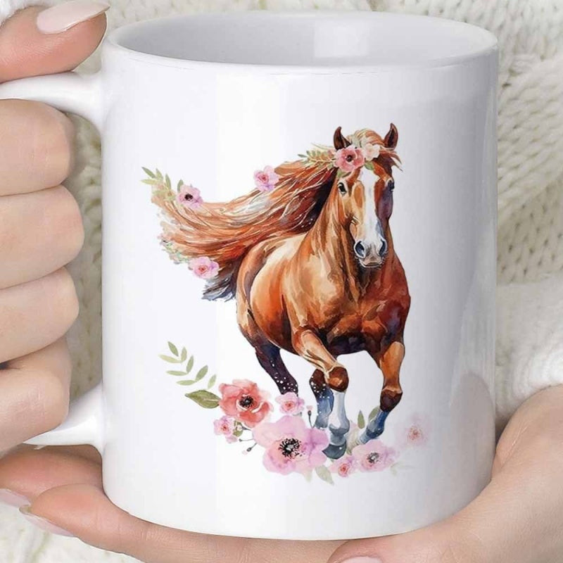 Tailorly White Ceramic 11 oz Mug - Graceful Brown Galloping Horse Adorned With Delicate Pink Spring Floral Watercolor Horse