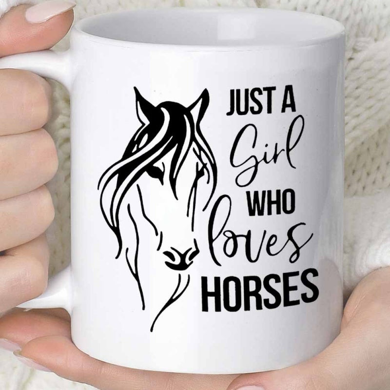 Tailorly White Ceramic 11 oz Mug - Just A Girl Who Loves Horses Minimalist Black Line Art Sketch Featuring A Majestic Flowing Mane Horse
