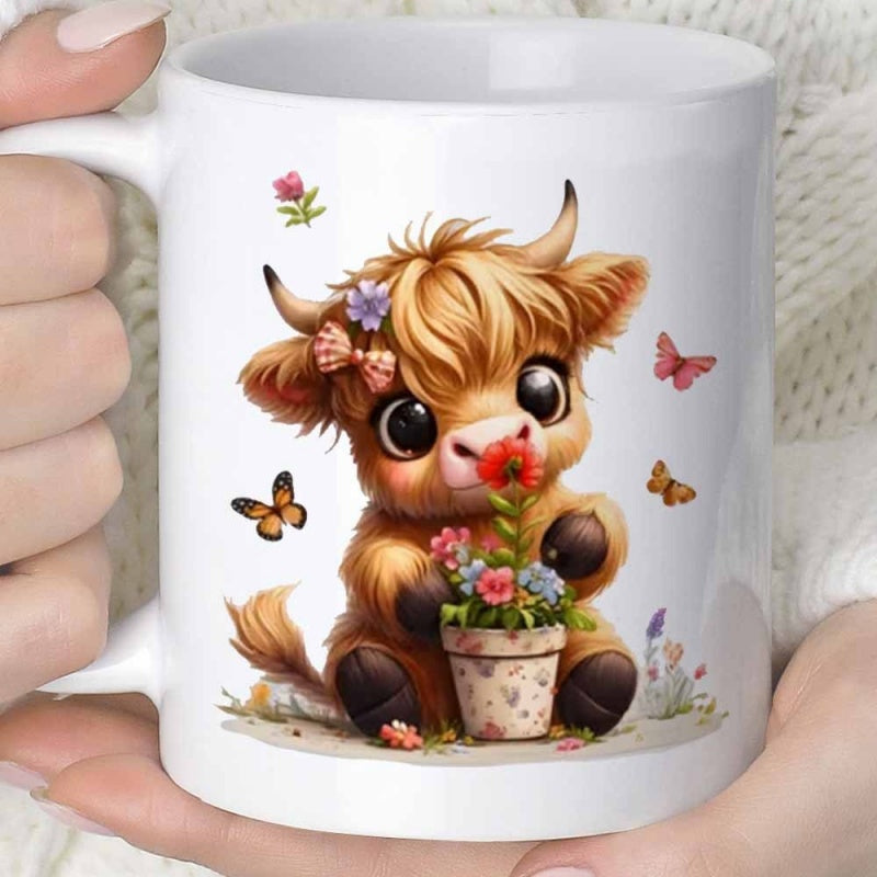 Tailorly White Ceramic 11 oz Mug - Adorable Shaggy Calf Sitting In Garden With Butterflies And Potted Blooming Highland Cow