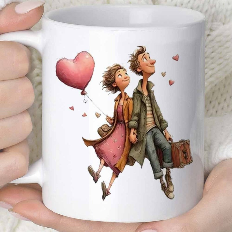 Tailorly White Ceramic 11 oz Mug - Whimsical Cartoon Characters Floating With A Pink Heart Balloon And Suitcase Couple