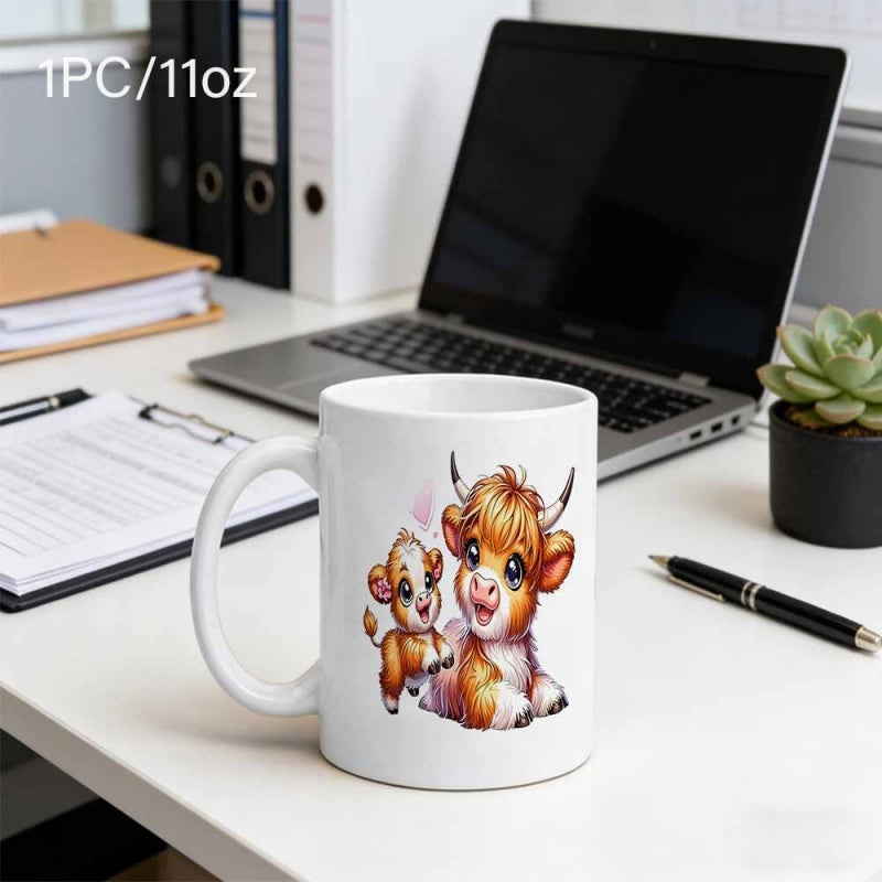 Tailorly White Ceramic 11 oz Mug - Adorable Fluffy Cartoon Highland Mother And Calf Sitting On White Ground Cow