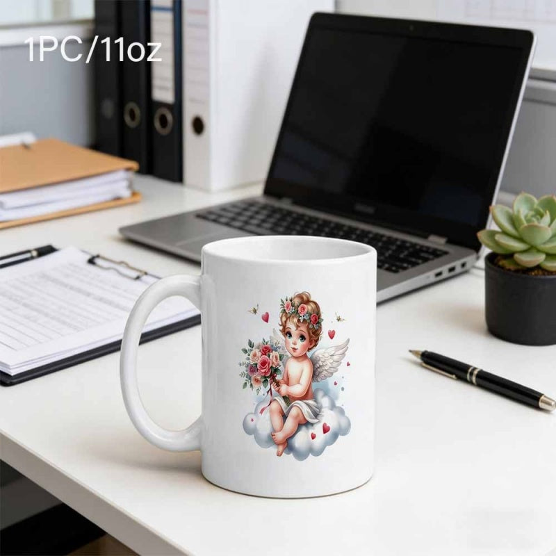 Tailorly White Ceramic 11 oz Mug - Vintage Style Cherub Holding Flowers Sitting On A Fluffy White Cloud Angel