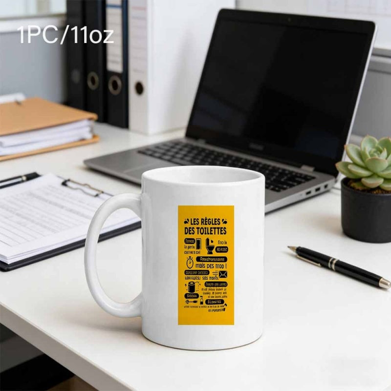 Tailorly White Ceramic 11 oz Mug - Sleek White Ceramic Featuring Instructional Bathroom Icons On Yellow Background Mug
