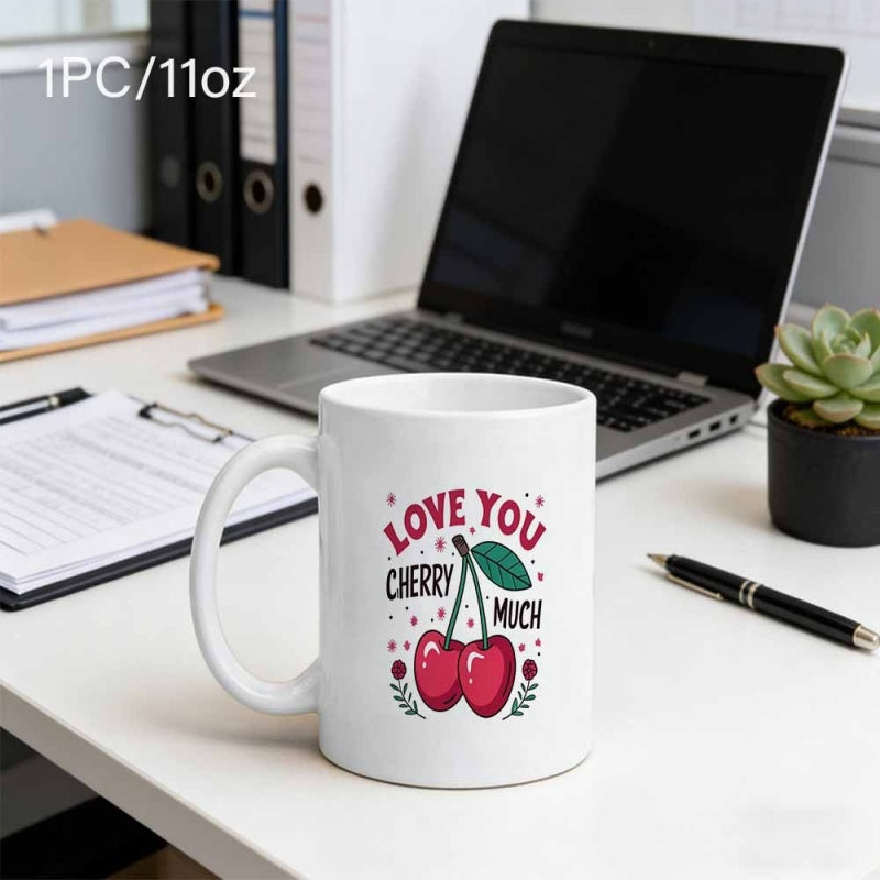 Tailorly White Ceramic 11 oz Mug - Love You Cherry Much Vibrant Red Fruit In Playful Illustration Style Cherry