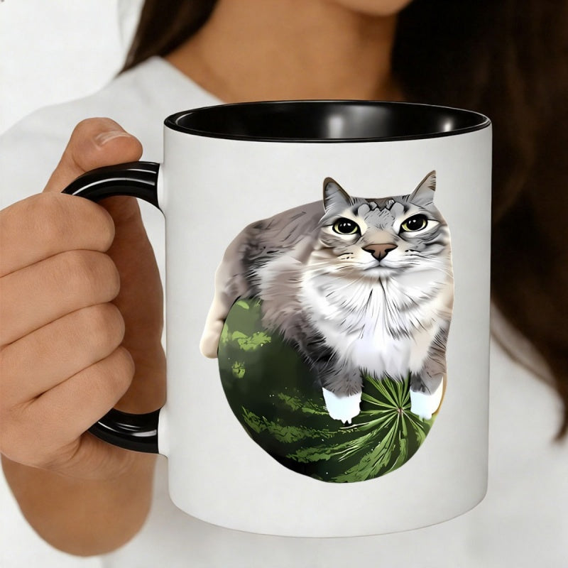 Tailorly Black Accent 11 oz Mug - gray white fluffy cat on watermelon pattern