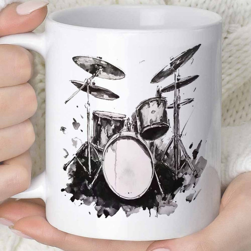 Tailorly White Ceramic 11 oz Mug - Artistic Ink Splatter Drum Set Featuring Cymbals And Dynamic Rhythmic Percussion Drum Kit