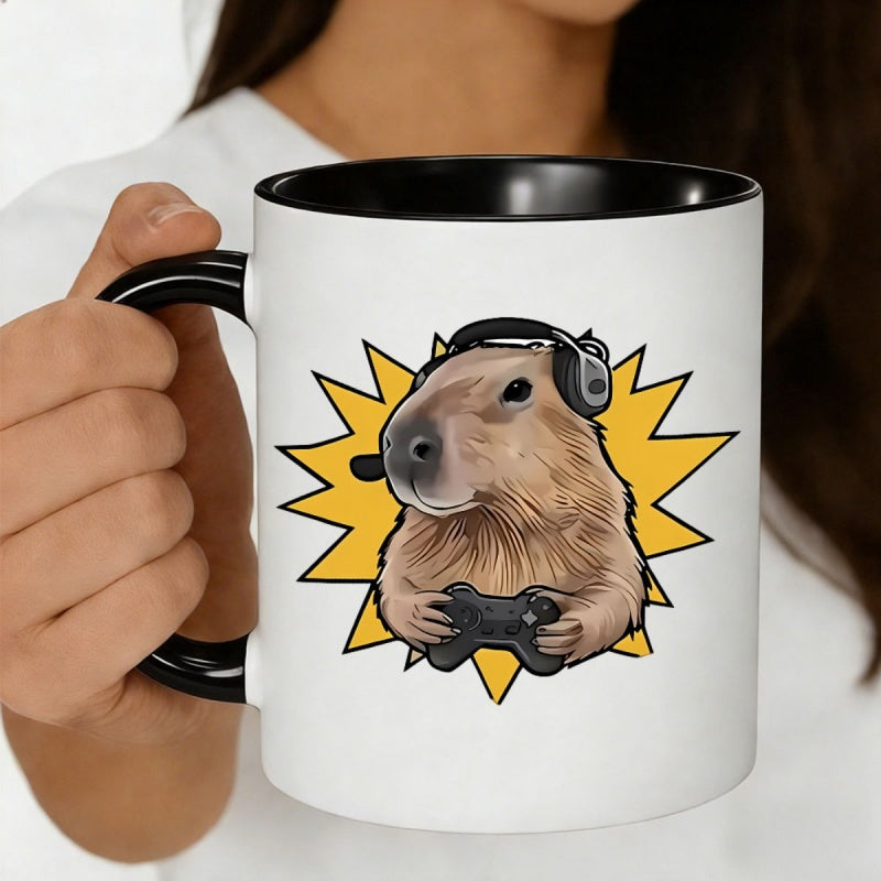 Tailorly Black Accent 11 oz Mug - gamer capybara with headphones and game controller