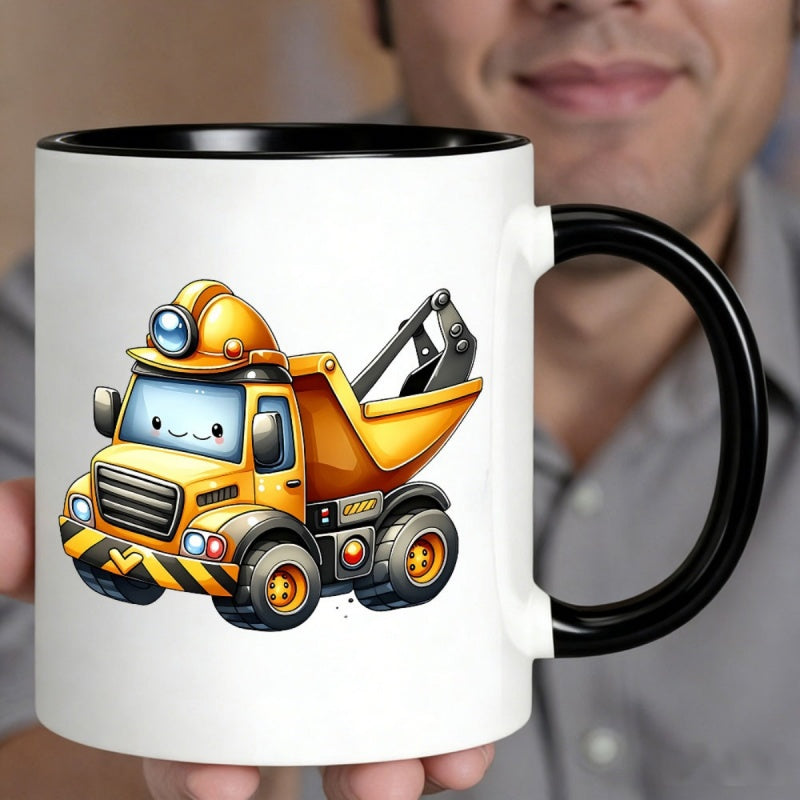 Tailorly Black Accent 11 oz Mug - yellow cartoon construction truck