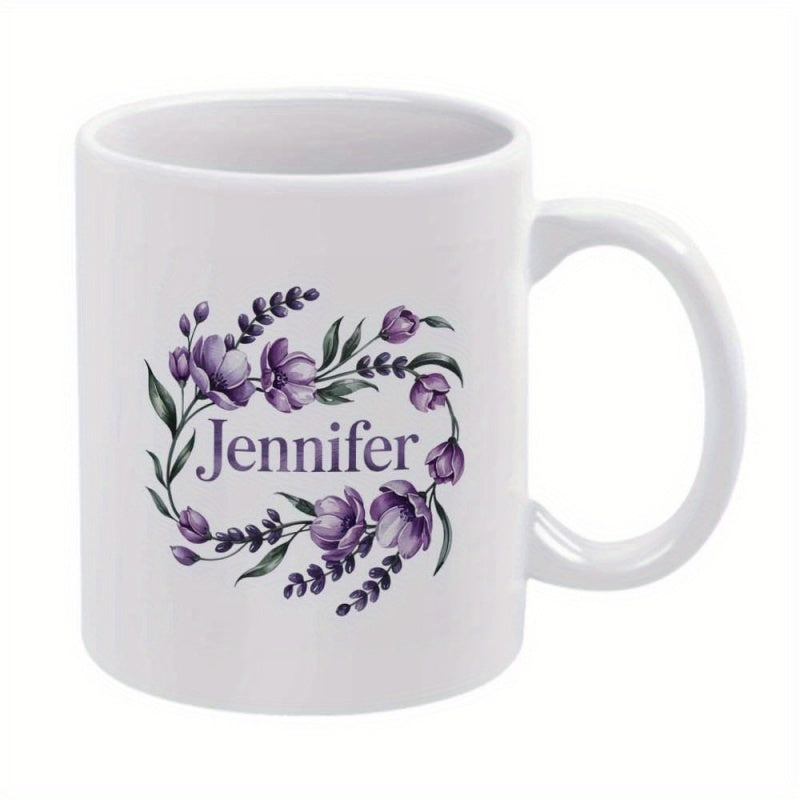 Tailorly White Ceramic 11 oz Mug - Jennifer Elegant Purple Wreath Featuring Delicate Blooming Petals And Greenery Flower