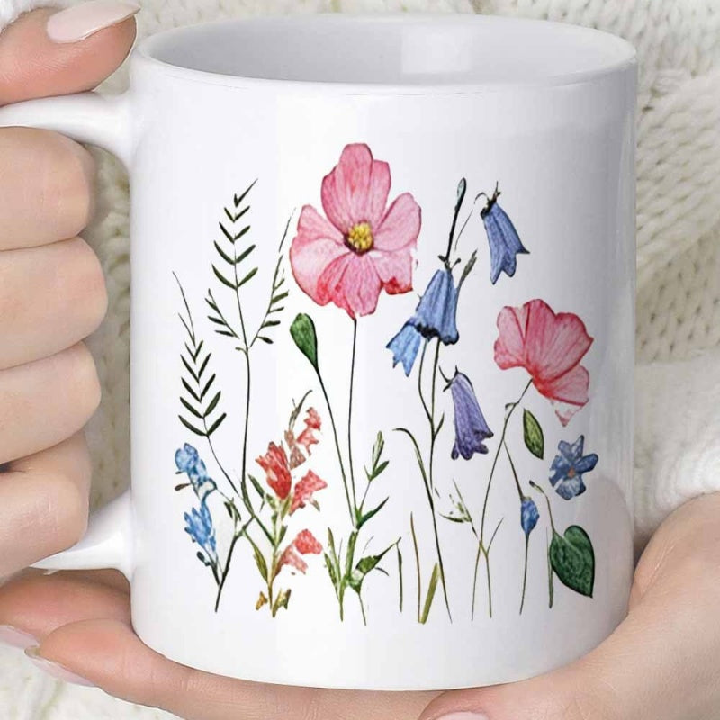 Tailorly White Ceramic 11 oz Mug - Vibrant Watercolor Botanical Garden With Delicate Pink And Blue Wildflower
