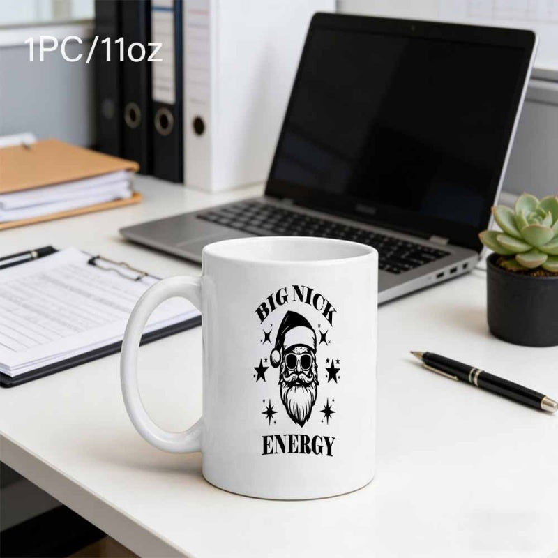 Tailorly White Ceramic 11 oz Mug - Big Nick Energy Vintage Skeleton Head Wearing Sunglasses And Festive Hat Among Shining Stars Santa